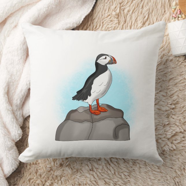 Cute Hand drawn Puffin Throw Pillow (Blanket)