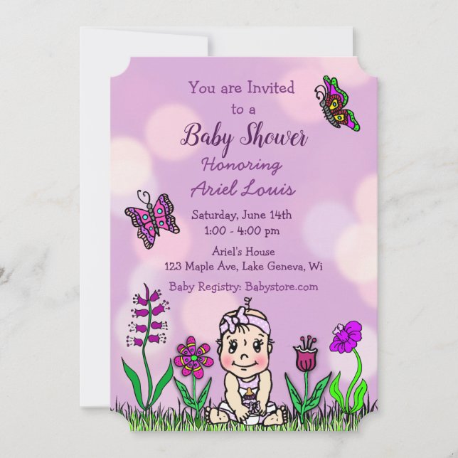 Cute Hand drawn Purple Baby Girl Baby Shower Invitation (Front)