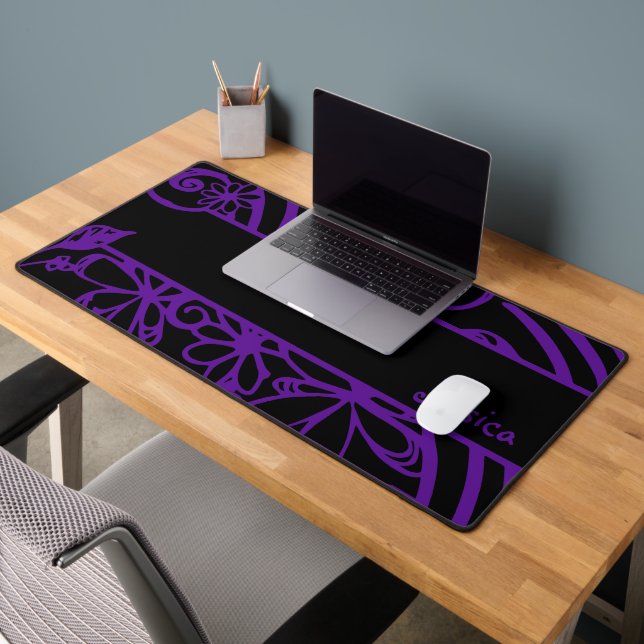 Cute Hand Drawn Purple Doodles On Black Background Desk Mat (Office 2)