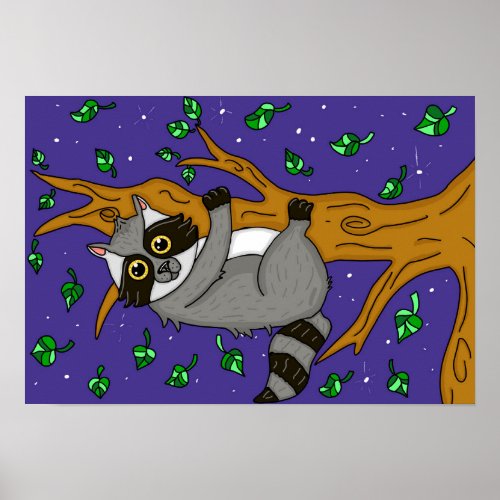 Cute Hand Drawn Raccoon Hanging from Tree Branch Poster