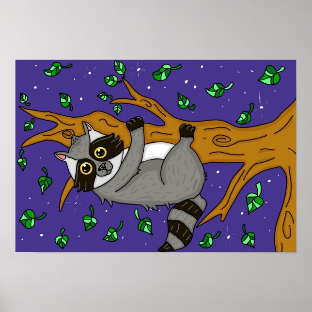 Cute Hand Drawn Raccoon Hanging from Tree Branch Poster (Front)