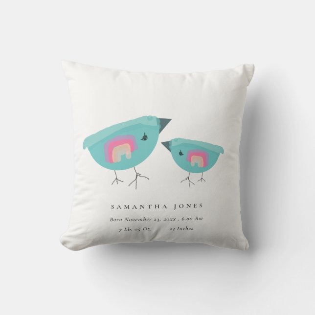 Cute Hand Drawn Rainbow Blue Birdy Baby Birth Stat Throw Pillow (Front)