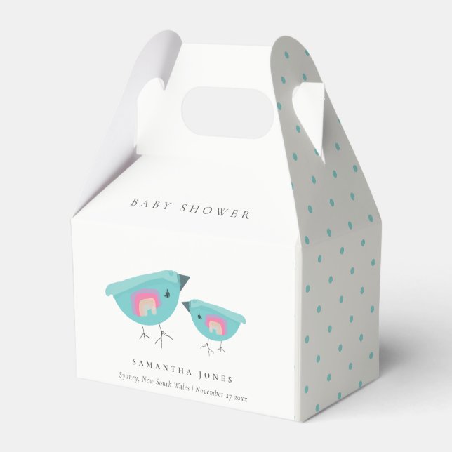 Cute Hand Drawn Rainbow Blue Birdy Baby Shower Favor Boxes (Front Side)