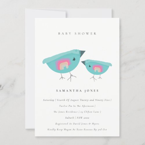 Cute Hand Drawn Rainbow Blue Birdy Baby Shower Invitation