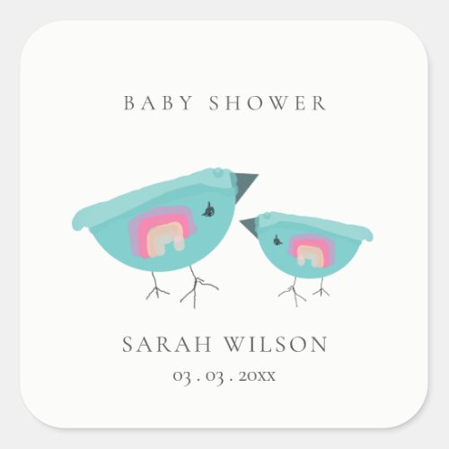 Cute Hand Drawn Rainbow Blue Birdy Baby Shower Square Sticker