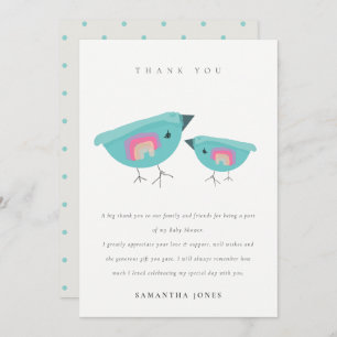 Cute Hand Drawn Rainbow Blue Birdy Baby Shower Thank You Card