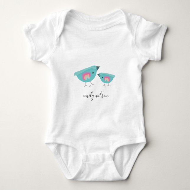 Cute Hand Drawn Rainbow Blue Birdy Mother Baby Bodysuit (Front)