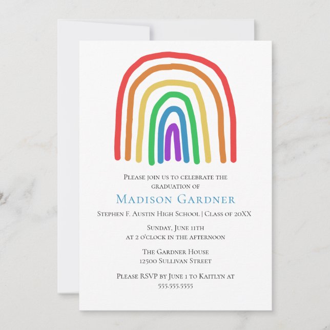 Cute Hand Drawn Rainbow High School Graduation Invitation (Front)