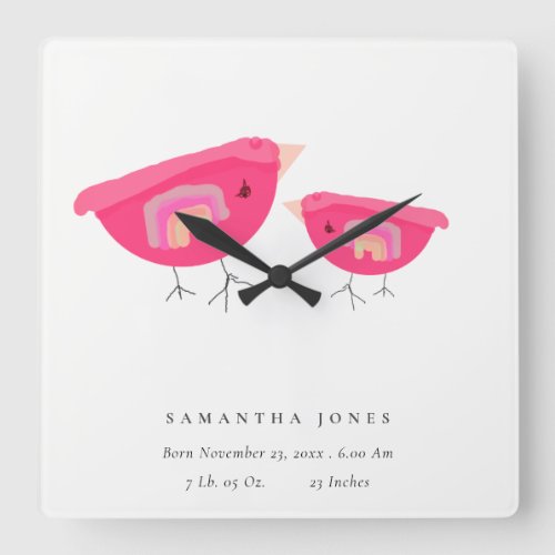 Cute Hand Drawn Rainbow Pink Birdy Baby Birth Stat Square Wall Clock