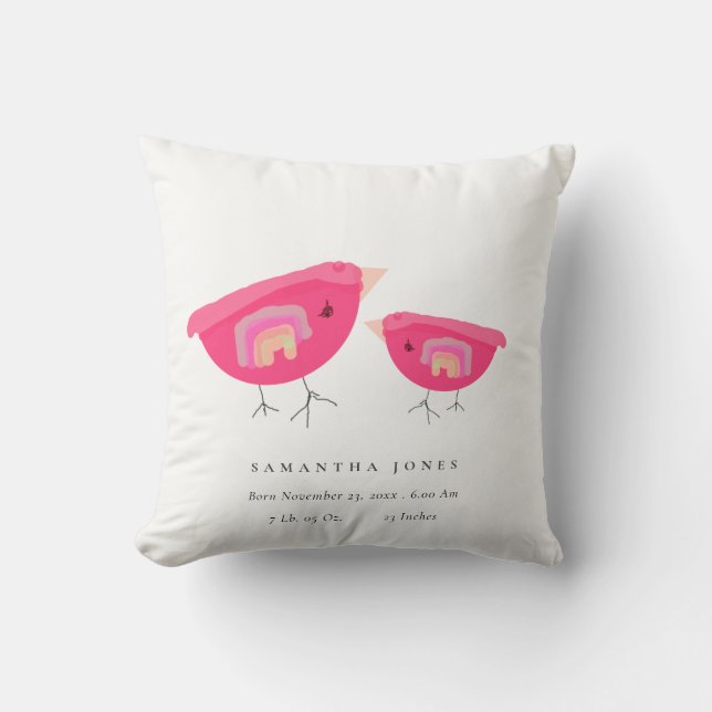 Cute Hand Drawn Rainbow Pink Birdy Baby Birth Stat Throw Pillow (Front)