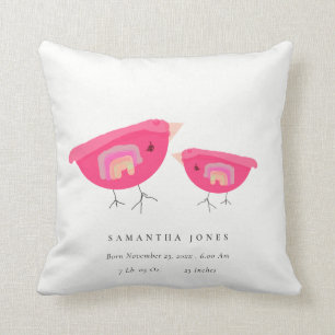 Cute Hand Drawn Rainbow Pink Birdy Baby Birth Stat Throw Pillow