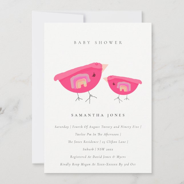 Cute Hand Drawn Rainbow Pink Birdy Baby Shower Invitation (Front)