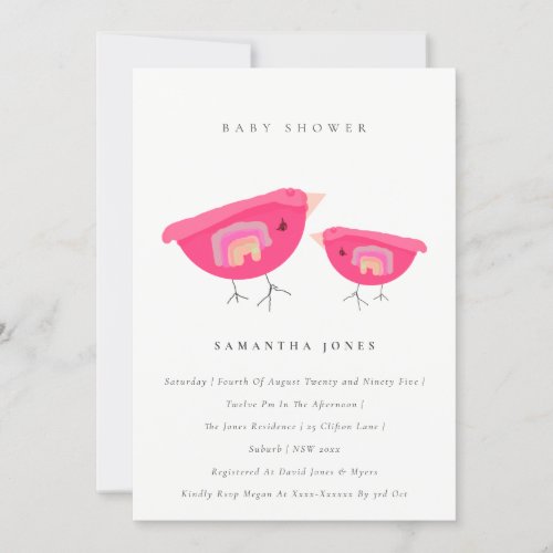 Cute Hand Drawn Rainbow Pink Birdy Baby Shower Invitation