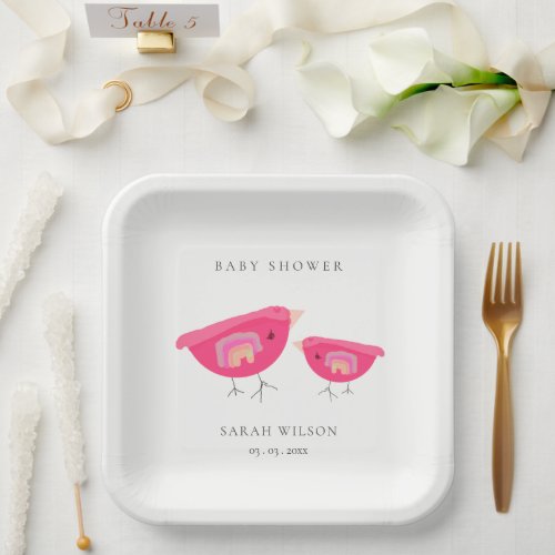 Cute Hand Drawn Rainbow Pink Birdy Baby Shower Paper Plates