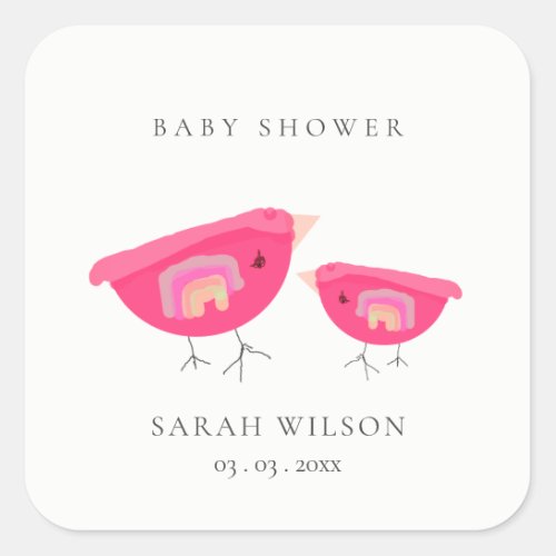 Cute Hand Drawn Rainbow Pink Birdy Baby Shower Square Sticker