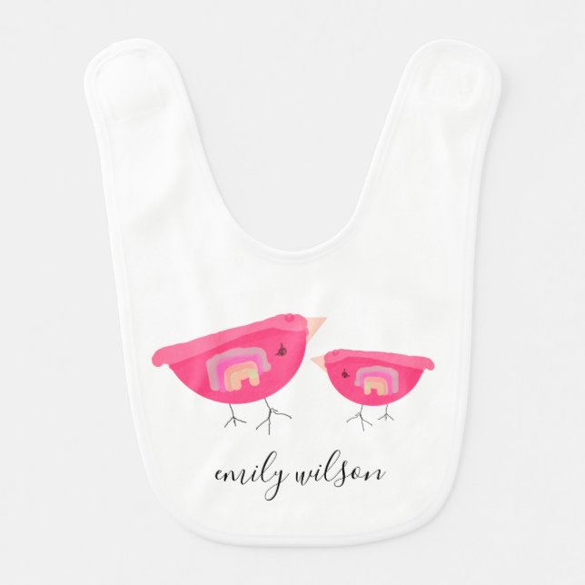 Cute Hand Drawn Rainbow Pink Birdy Mother Baby Baby Bib (Front)