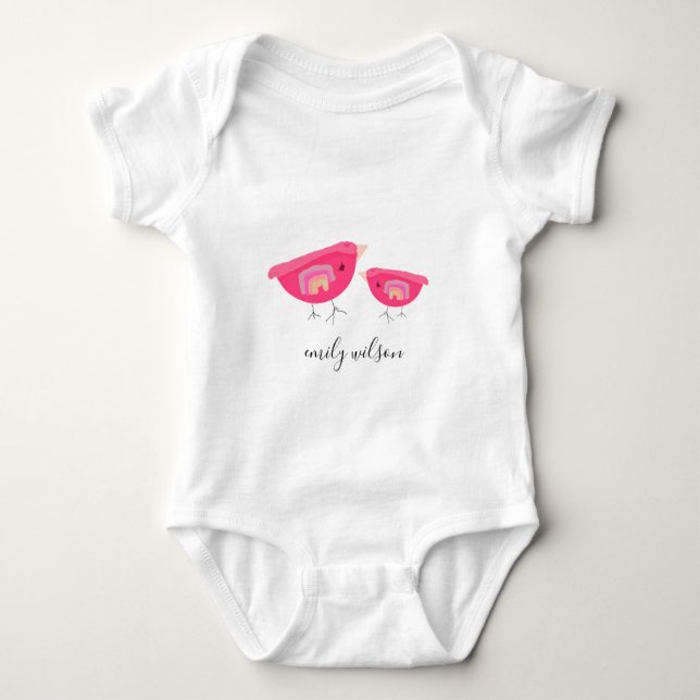 Cute Hand Drawn Rainbow Pink Birdy Mother Baby Bodysuit (Front)