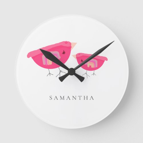 Cute Hand Drawn Rainbow Pink Birdy Mother Baby Round Clock