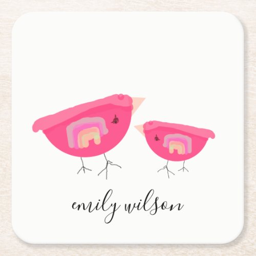 Cute Hand Drawn Rainbow Pink Birdy Mother Baby Square Paper Coaster