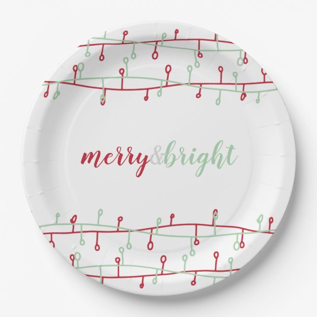 Cute Hand Drawn Red & Green Christmas Lights Paper Plates (Front)