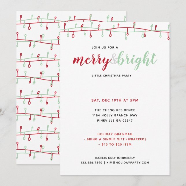 Cute Hand Drawn Red & Green Christmas Lights Party Invitation (Front/Back)