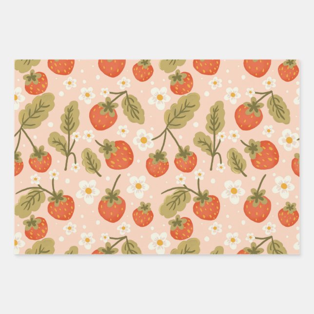 Cute Hand-drawn Red Strawberry Seamless Pattern Wrapping Paper Sheets (Front)