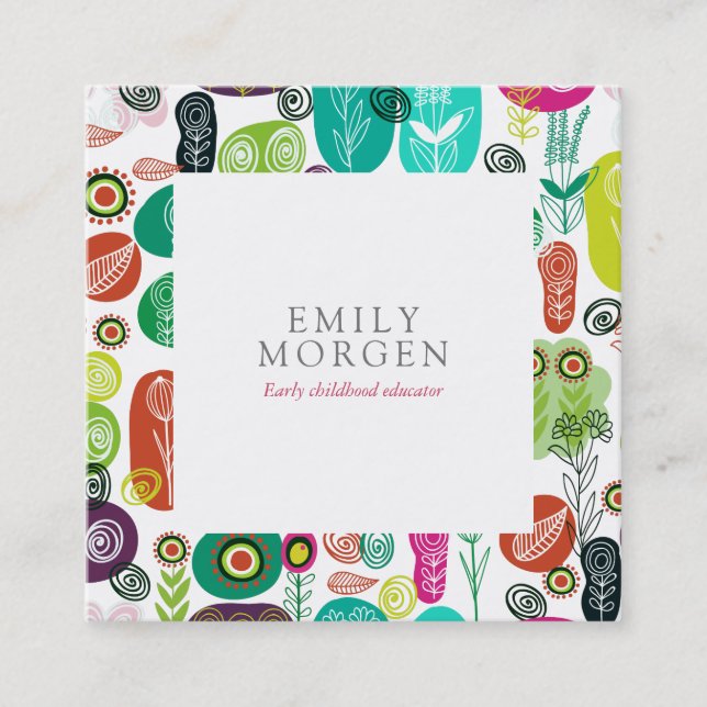 Cute Hand Drawn Retro Flowers Children Education Square Business Card (Front)