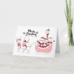 Cute Hand drawn Santa with Animals Christmas Holiday Card