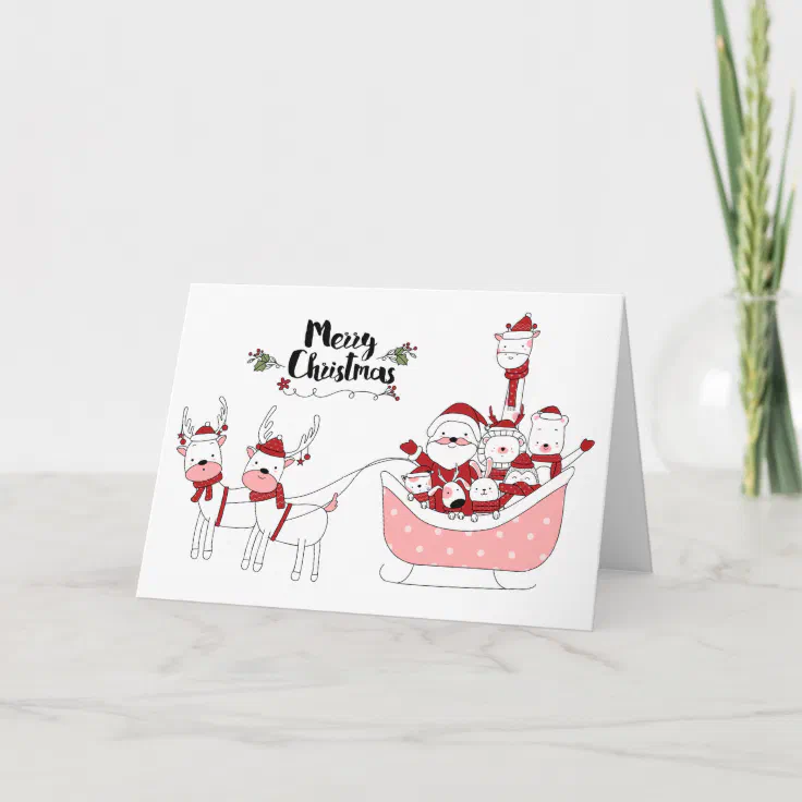 Cute Hand drawn Santa with Animals Christmas Holiday Card | Zazzle