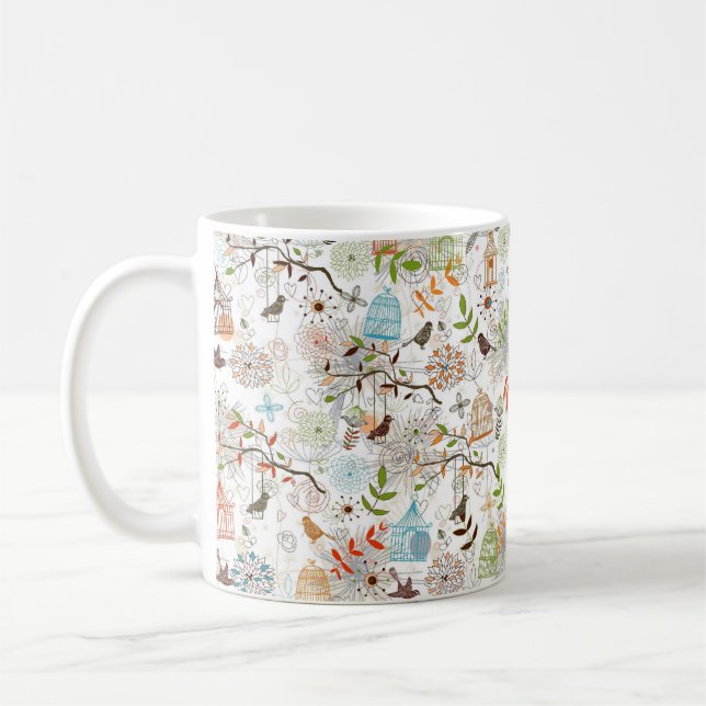 Cute Hand Drawn Sketch of Birds and Bird Cages Coffee Mug (Left)