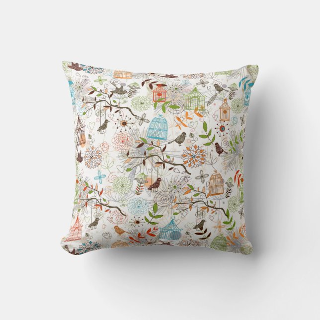 Cute Hand Drawn Sketch of Birds and Bird Cages Throw Pillow (Front)