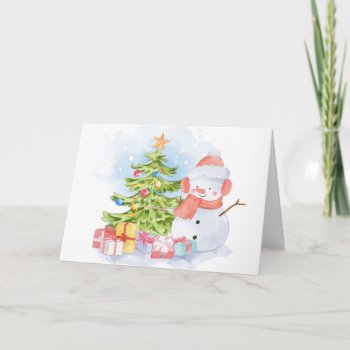 Cute Hand Drawn Snowman & Tree Christmas Holiday Card by HolidayBug at Zazzle