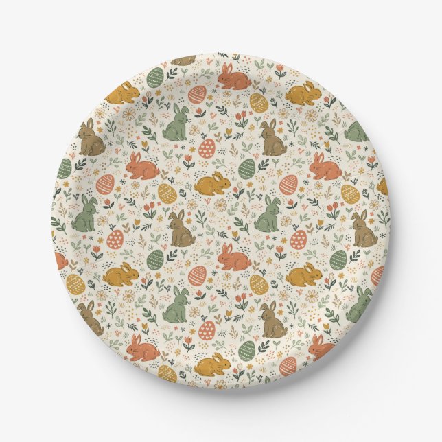 Cute Hand Drawn Spring Bunnies Paper Plates (Front)