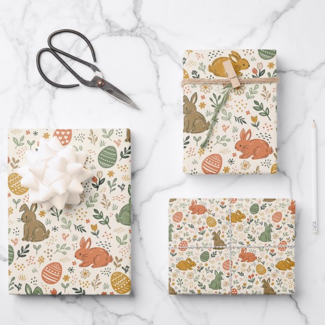 Cute Hand Drawn Spring Bunnies Wrapping Paper Set (Front)