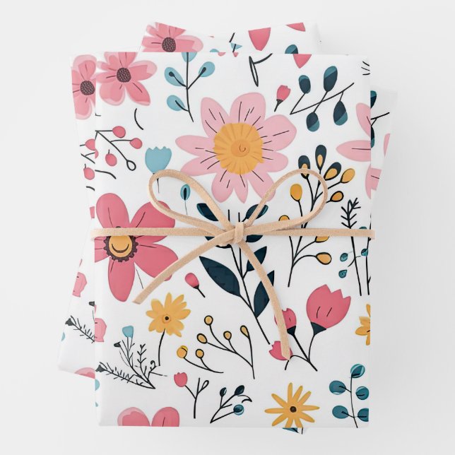 Cute Hand Drawn Spring Florals Wrapping Paper Sheets (In situ)