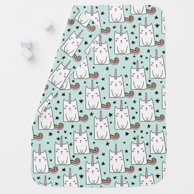 Cute Hand Drawn Unicorn Cat Pattern Baby Blanket (In Situ)