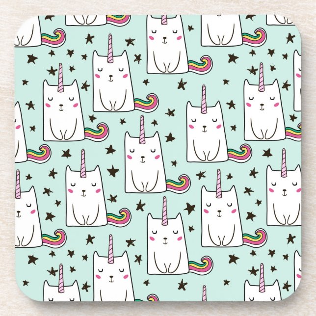 Cute Hand Drawn Unicorn Cat Pattern Beverage Coaster (Front)