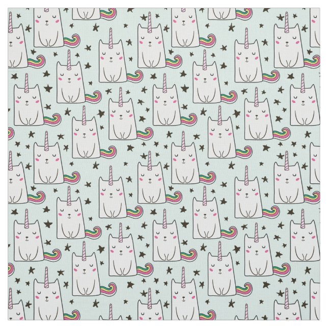 Cute Hand Drawn Unicorn Cat Pattern Fabric (Swatch)