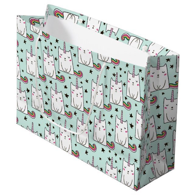 Cute Hand Drawn Unicorn Cat Pattern Large Gift Bag (Front Angled)