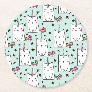 Cute Hand Drawn Unicorn Cat Pattern Round Paper Coaster