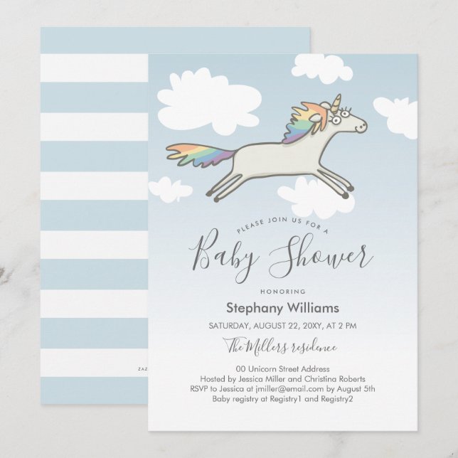 Cute Hand Drawn Unicorn Rainbow Baby Shower Invite (Front/Back)