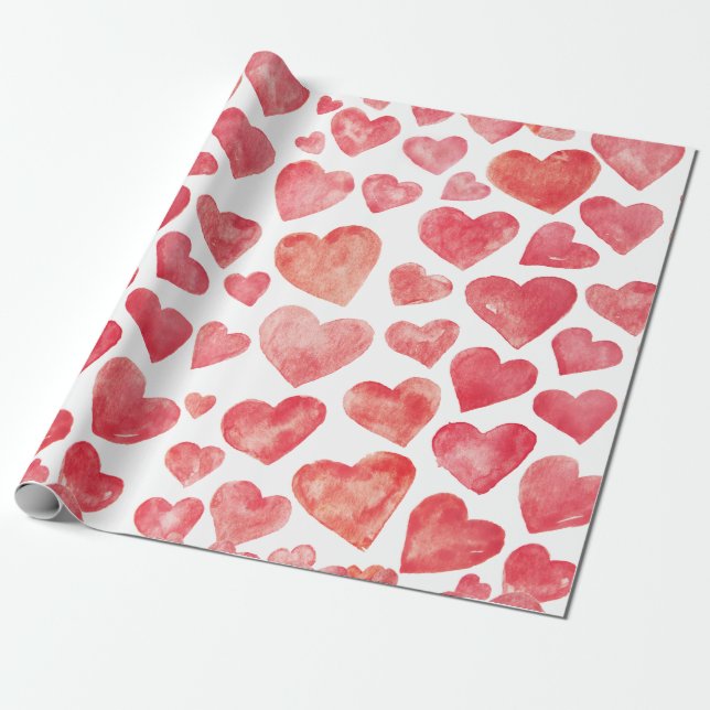Cute Hand-drawn Watercolor Red Hearts Wrapping Paper (Unrolled)