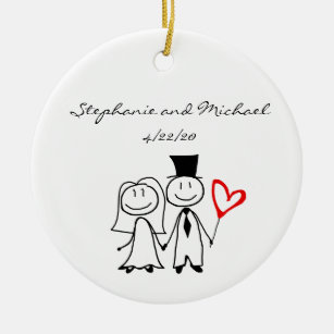 Cute Hand Drawn Wedding Bride Groom Ceramic Ornament