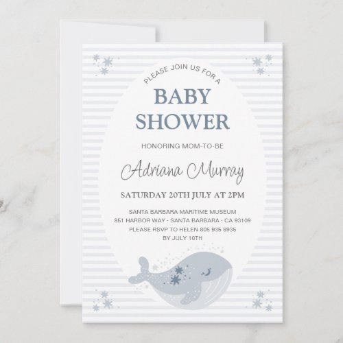 Cute Hand Drawn Whale Dusty Blue Baby Shower Invitation