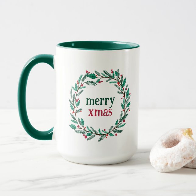 Cute Hand Drawn Wreath Merry Christmas Holiday  Mug (With Donut)