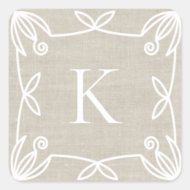 Cute Hand Drawn Wreath Monogram Faux Burlap Square Sticker (Front)