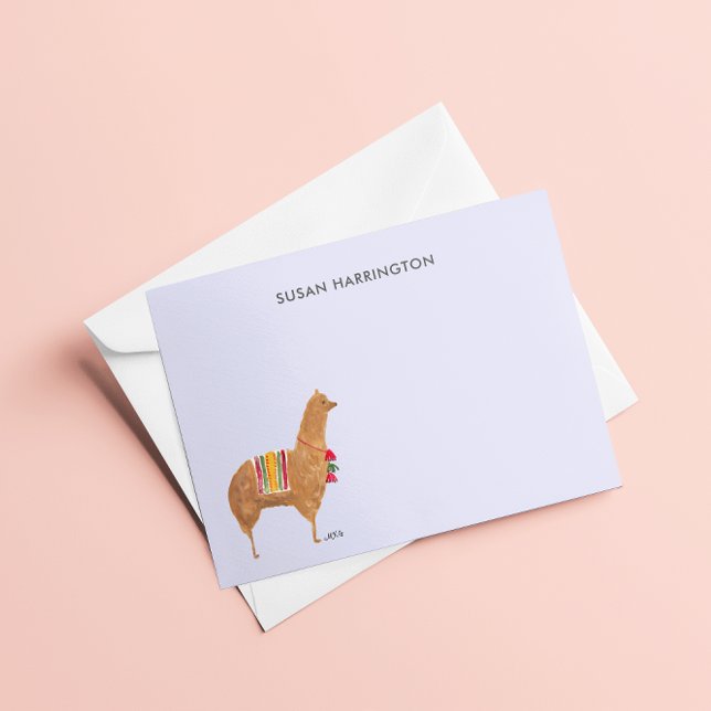 Cute Hand-Illustrated Llama Alpaca Personalized Note Card (This hand-drawn alpaca is elegant against a soft lavender background. )