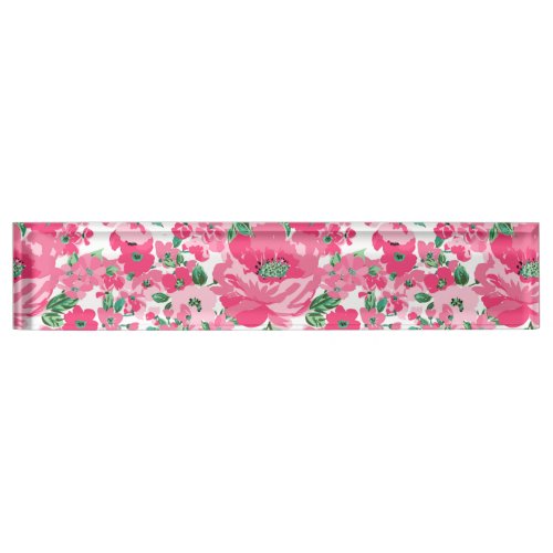 Cute Hand Paint Pink Flowers Elegant White Design Desk Name Plate