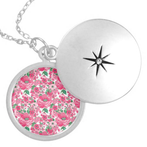 Cute Hand Paint Pink Flowers Elegant White Design Locket Necklace