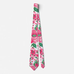 Cute Hand Paint Pink Flowers Elegant White Design Neck Tie